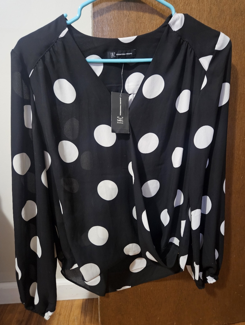 NWT INC International Concepts Black & White Polka Dot Wrap Blouse XS